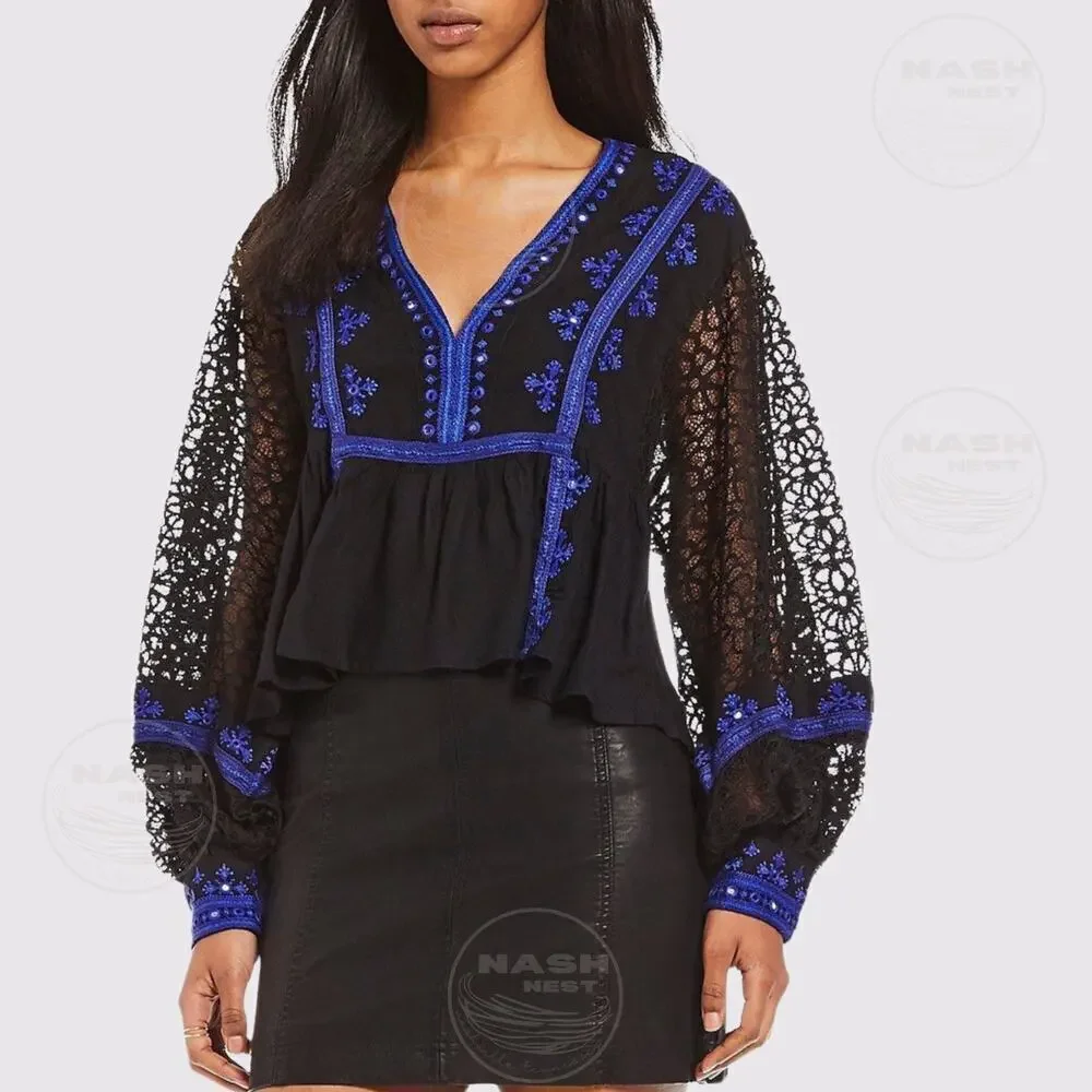 Free People M Boogie All Night Peasant Blouse | Black Lace, Blue Embroidery